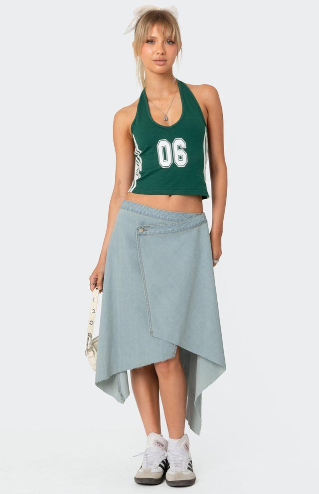 Edikted Women's Asymmetric Wrapped Denim Midi Skirt Product Image