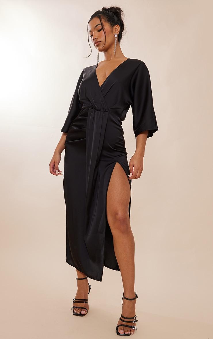  Black Satin Batwing Plunge Split Midaxi Dress Product Image