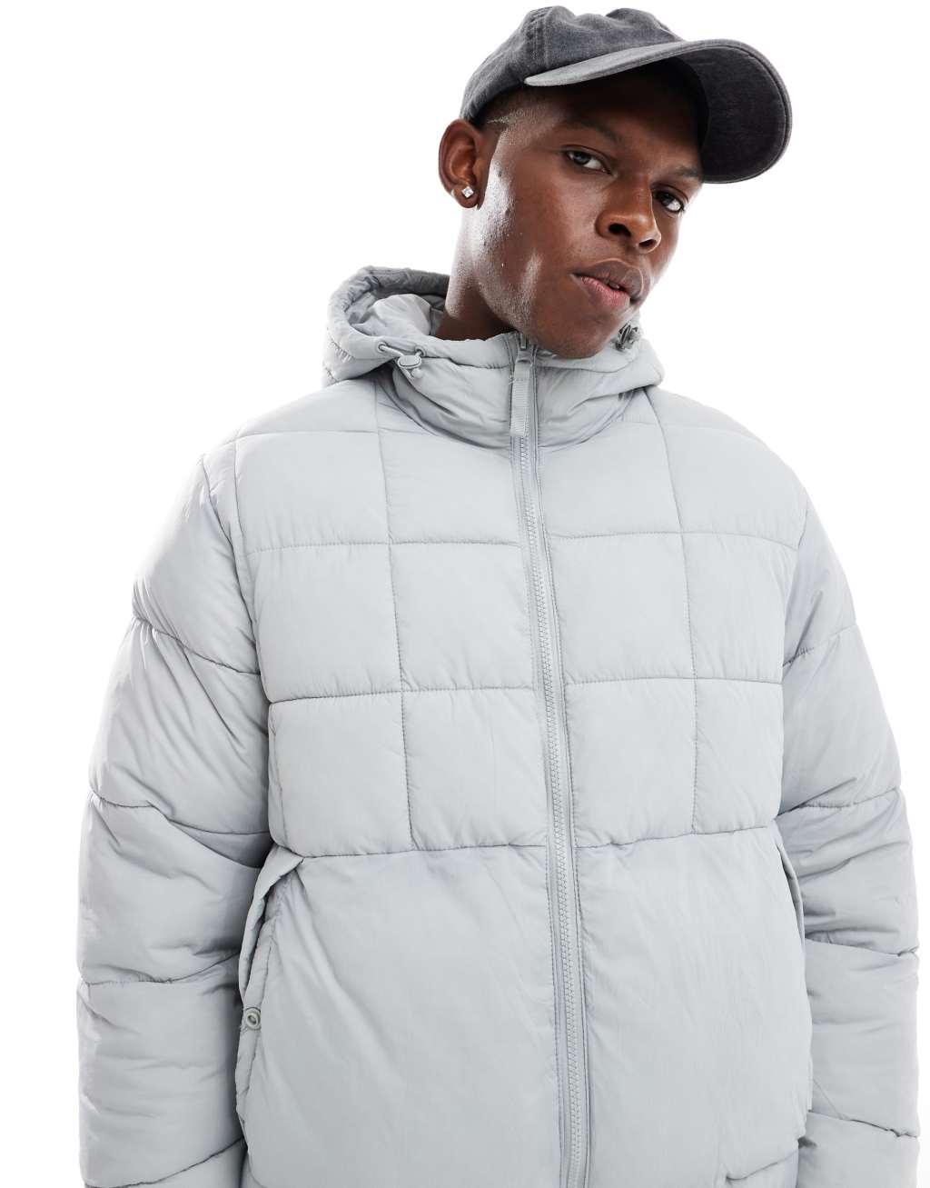 Pull&Bear lightweight puffer jacket with hood in ice gray Product Image