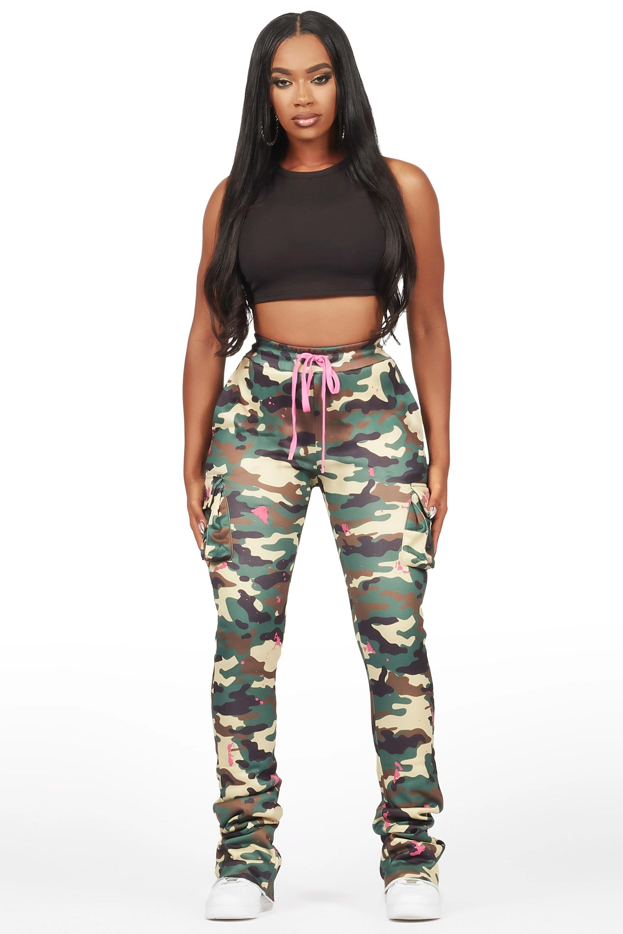 Lavenda Green Camo Cargo Stacked Track Pant Female Product Image