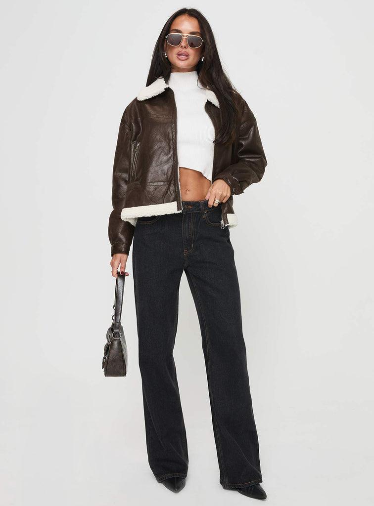 Solara Faux Leather Shearling Jacket Chocolate Product Image