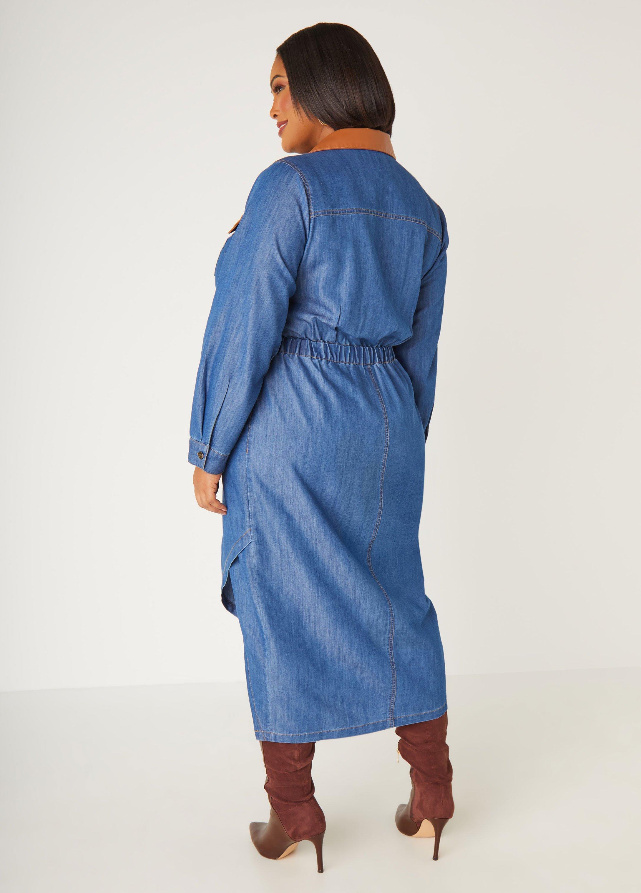 Faux Leather And Chambray Shirtdress Product Image