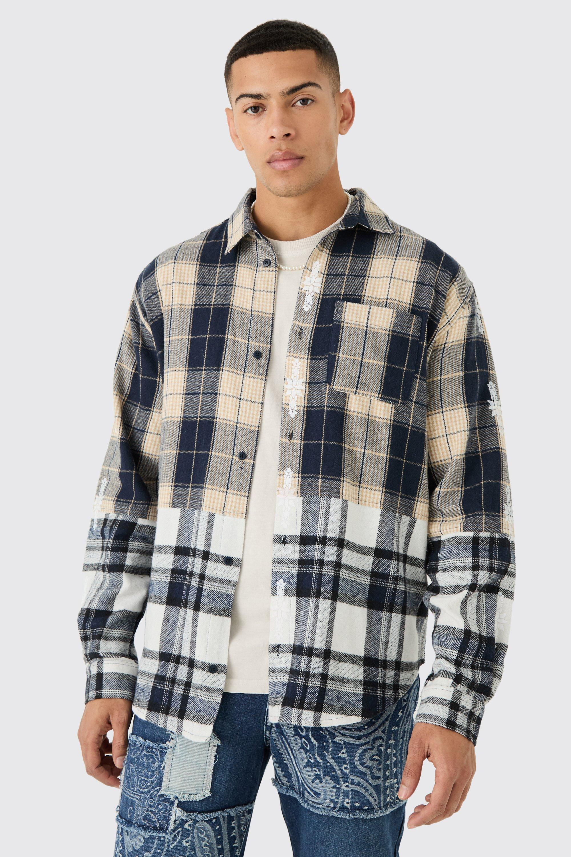 Oversized Check Splice Printed Placket Shirt | boohooMAN USA Product Image