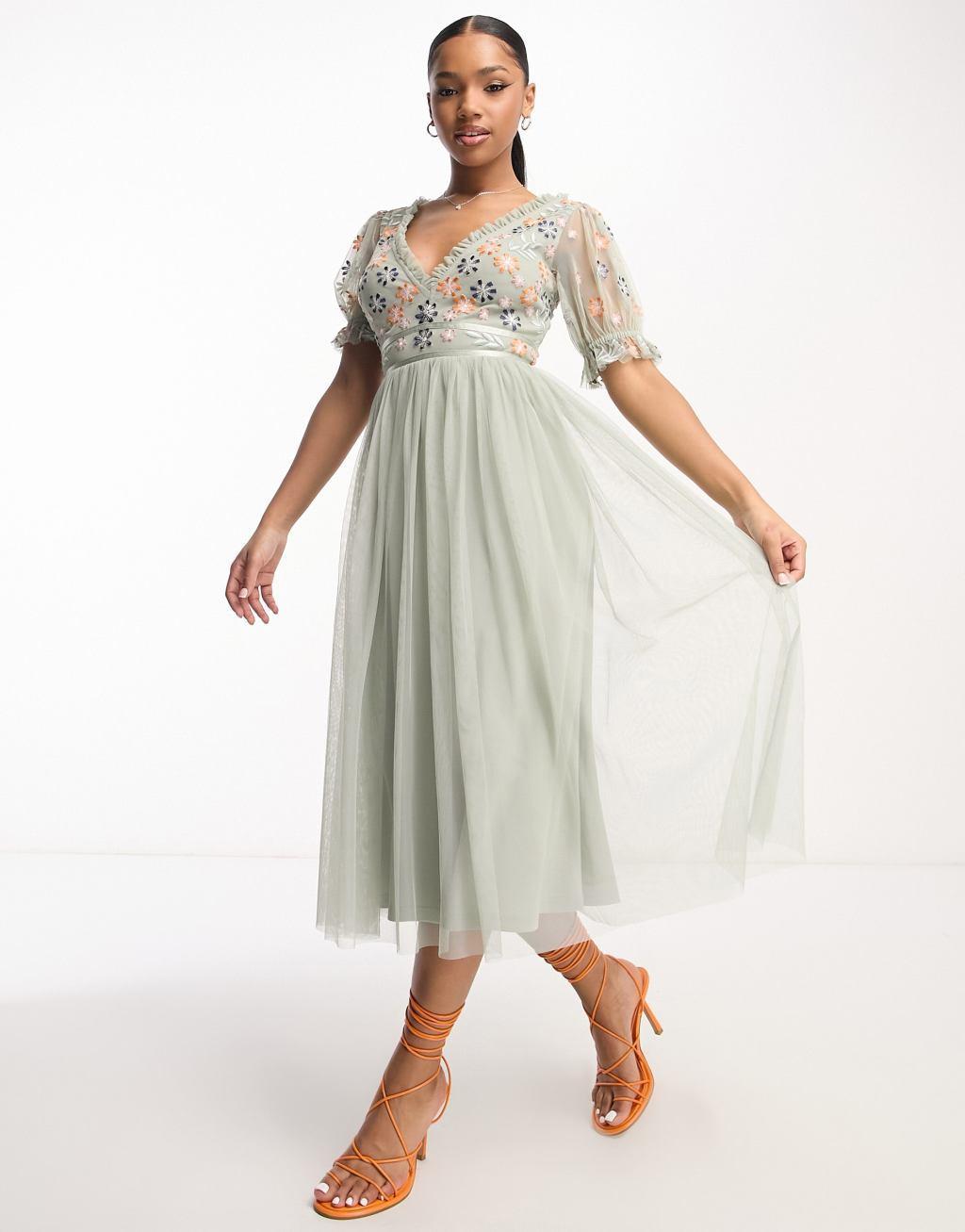 Maya ruffle sleeve midi dress with embroidery in sage Product Image