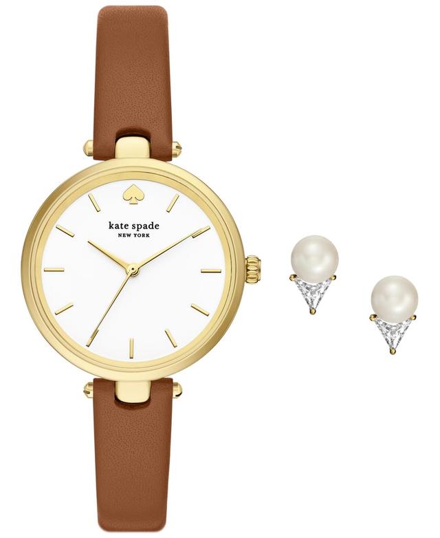 kate spade new york Womens Holland Three-Hand Brown Leather Watch 34mm Gift Set - Brown Product Image