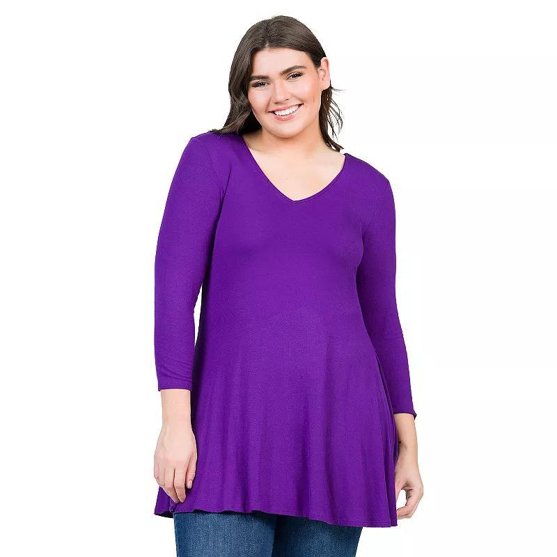 Plus Size 24Seven Comfort Apparel Quarter Sleeve V-Neck Tunic Top, Womens Product Image