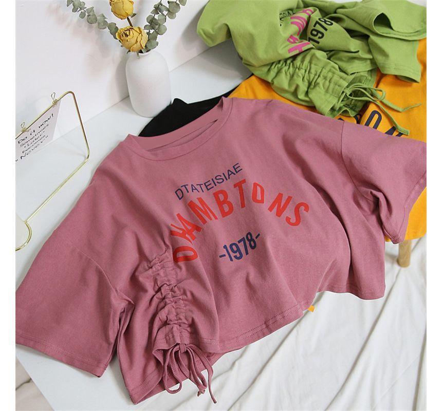 Short-Sleeve Letter Print Drawstring Crop T-Shirt Product Image