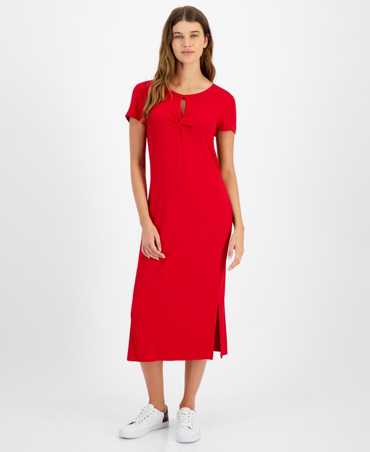 Women's Twist-Front Ribbed Knit Midi Dress Product Image