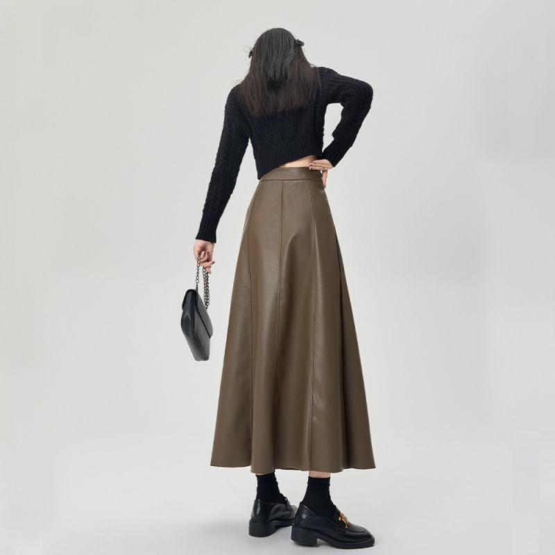 High Rise Faux Leather Midi A-Line Skirt Product Image