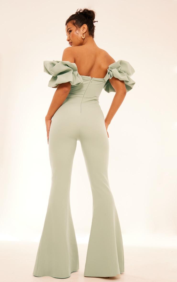 Sage Green Woven Pleated Corset Detail Bardot Frill Jumpsuit Product Image