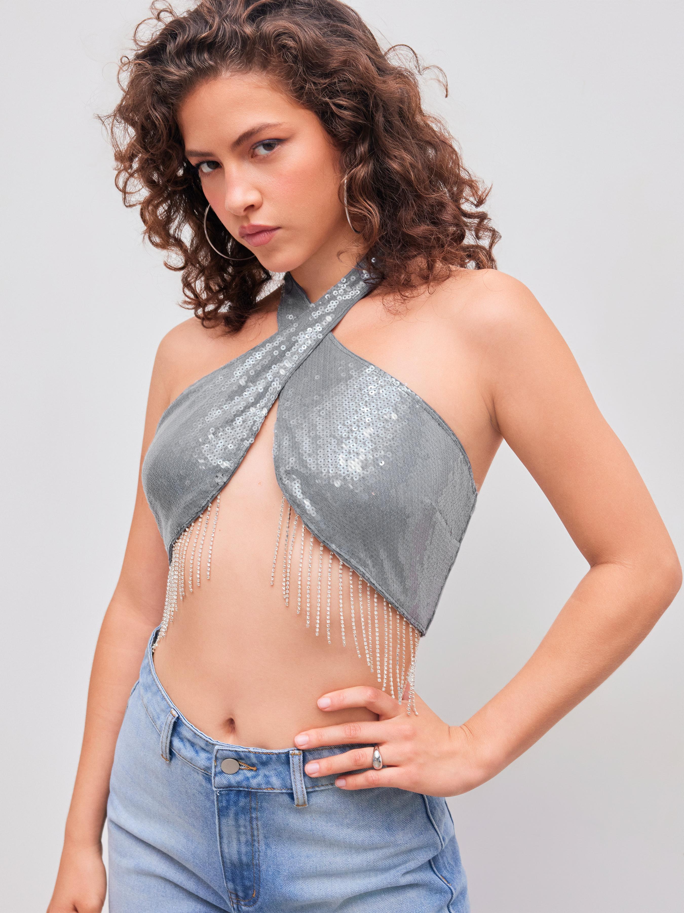 Sequin Halter Solid Criss Cross Tassel Crop Top Product Image