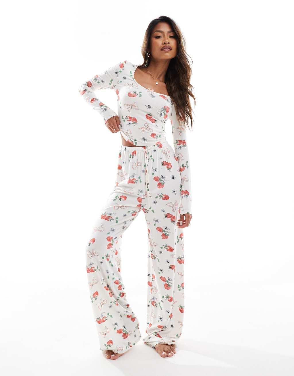 Kaiia mix and match wide leg pj bottoms in strawberry and bow print - part of a set Product Image