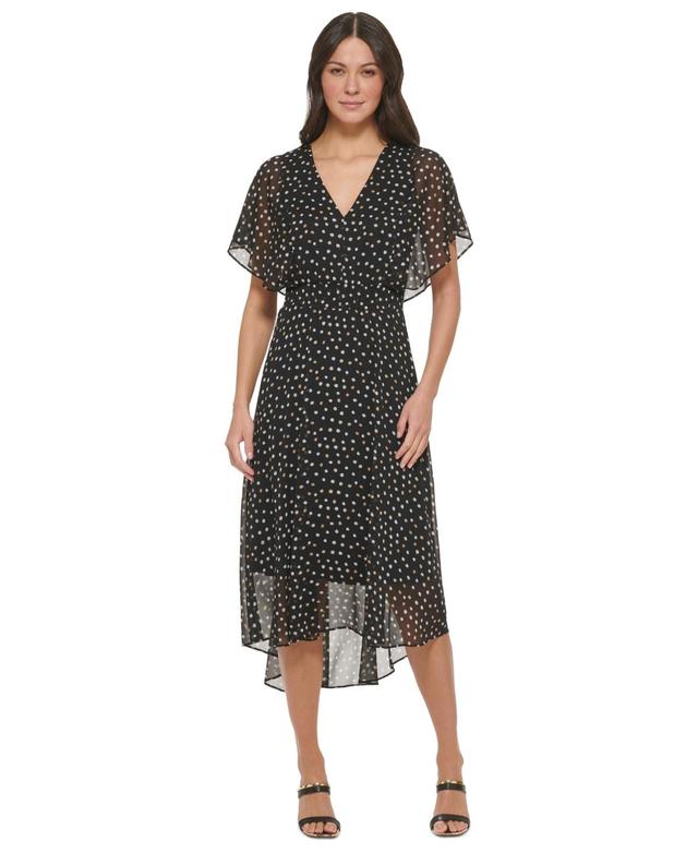 Dkny Women's Short Sleeve V-Neck Dot Print Chiffon Fit And Flare Dress Product Image