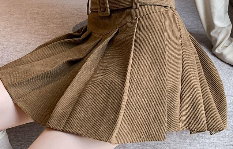 High Waist Corduroy Plain Mini Pleated A-Line Skirt Product Image