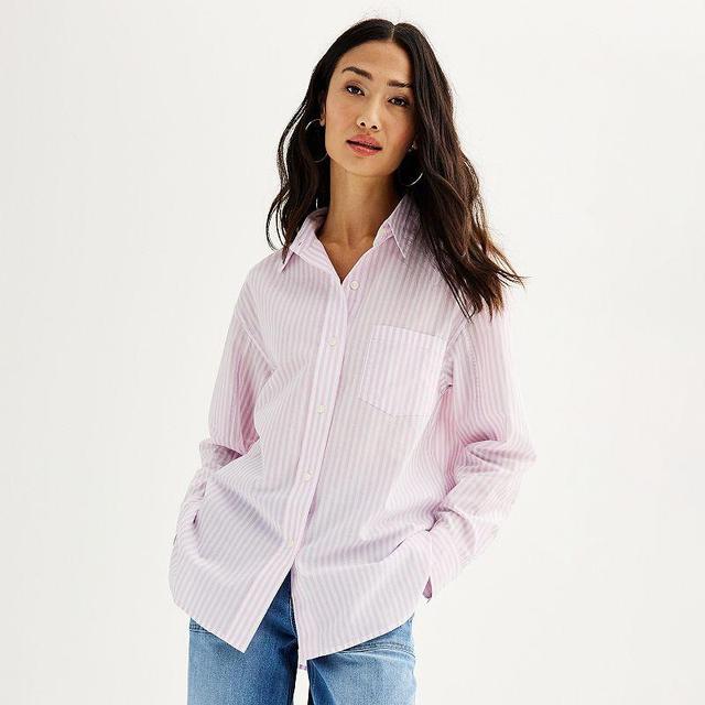 Petite Sonoma Goods For Life Oversized Boyfriend Shirt, Womens Pale Purple Stripe Product Image