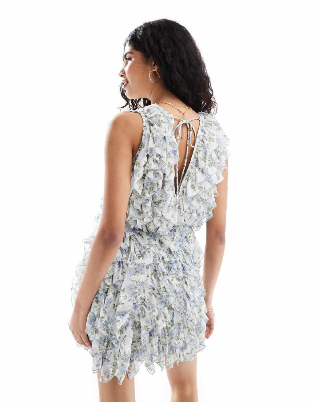 ASOS DESIGN ruffle micro mini dress in blue floral print Product Image