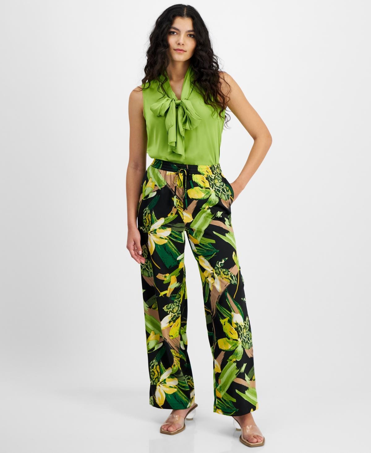 Bar Iii Womens Printed Drawstring-Waist Pull-On Pants, Created for Macys - Black Product Image