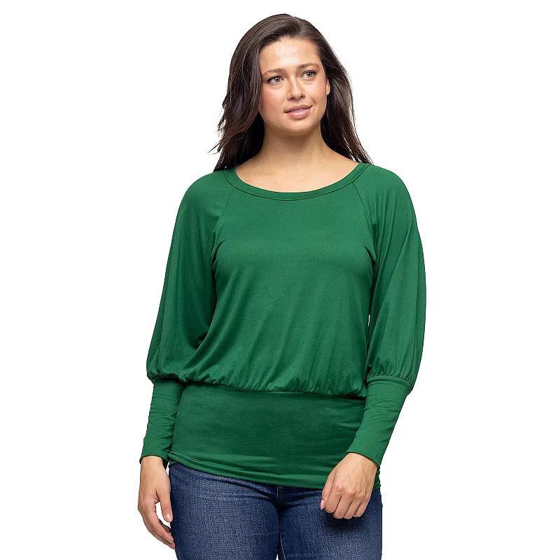 Womens 24Seven Comfort Apparel Round Neck Long Blouson Sleeve Banded Bottom Top Green Product Image