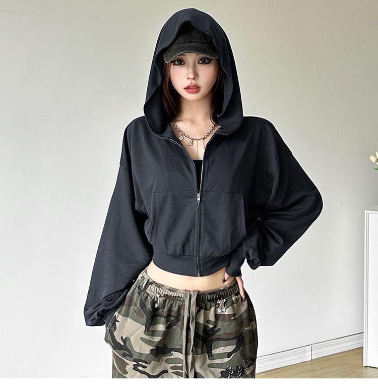 Hooded Plain Zip-Up Crop Jacket Product Image