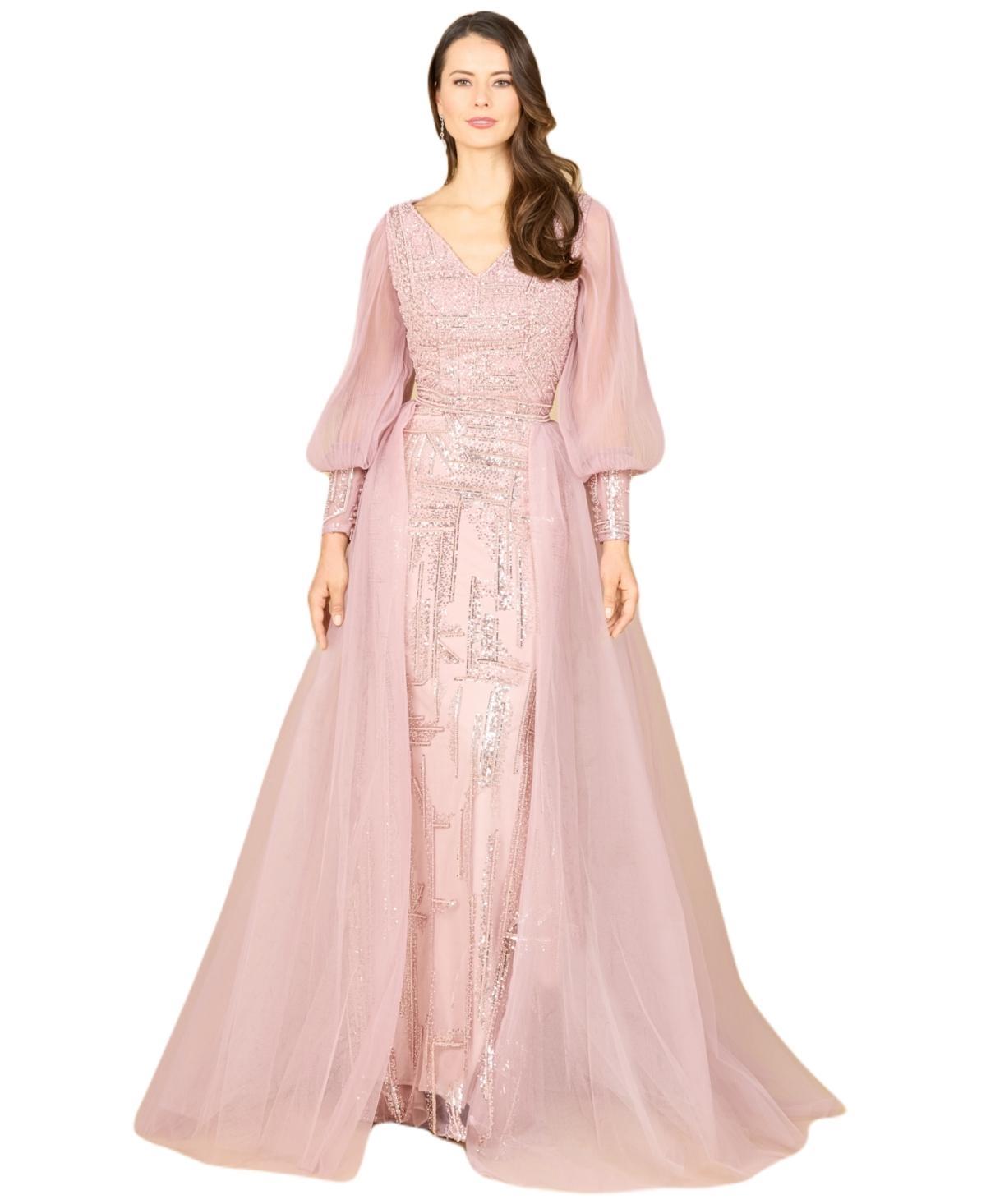 Lara Womens Long Sleeve Lace Gown with Removable Over Skirt Product Image