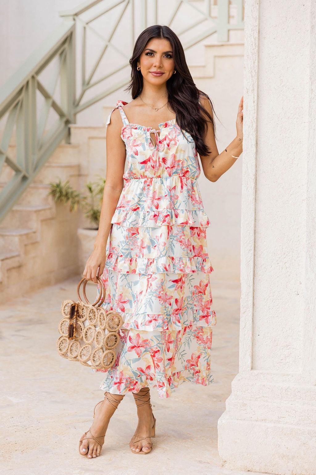 Stay In Paradise Floral Tiered Satin Midi Dress FINAL SALE Product Image