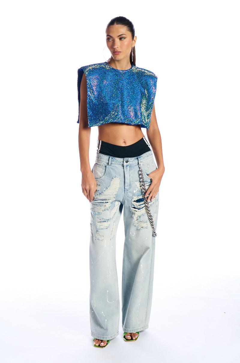 DISCO BABE SLEEVELESS RHINESTONE CROP TOP IN BLUE Product Image