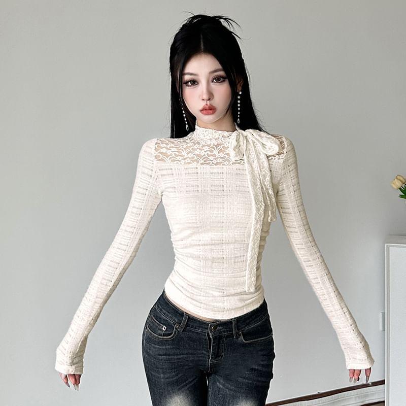 Long-Sleeve Tie-Neck Lace Slim Fit Top Product Image