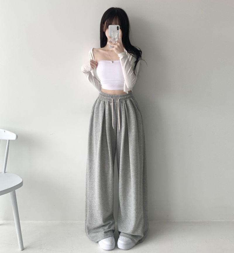 Drawstring Waist Plain Fleece-Lined Wide Leg Sweatpants Product Image