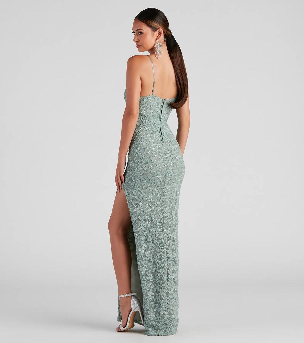 Marylou Lace Mesh Plunge Neck Formal Dress Product Image