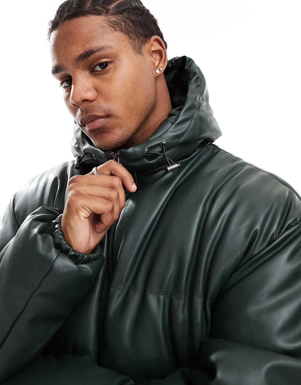 ASOS DESIGN faux leather puffer jacket with hood in green Product Image