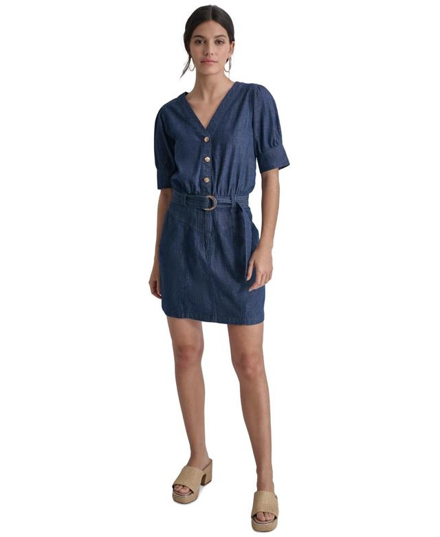 Women's Puff-Sleeve Belted Cotton Denim Shirtdress Product Image