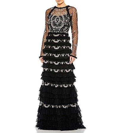 Mac Duggal Polka Dot Print Illusion Crew Neck Long Mesh Sleeve Tiered Ruffled Gown Product Image