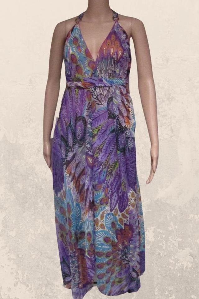 Sheer Halter Style CoverUp-Dress in a Purple Peacock Print Product Image