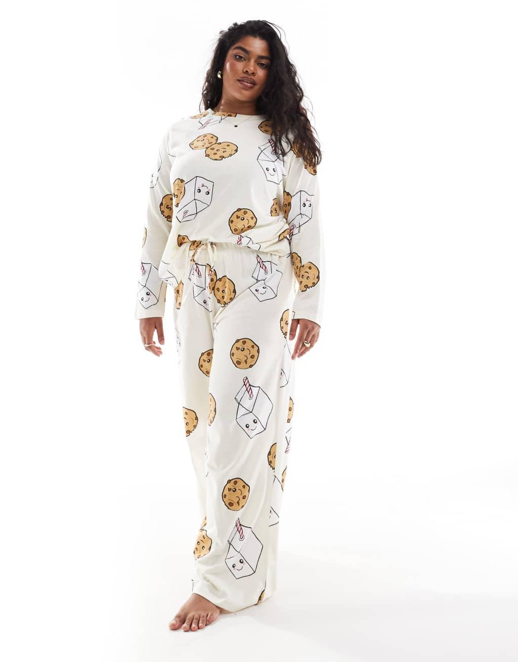 ASOS DESIGN Curve cookies and milk long sleeve top & pant pajama set in brown Product Image