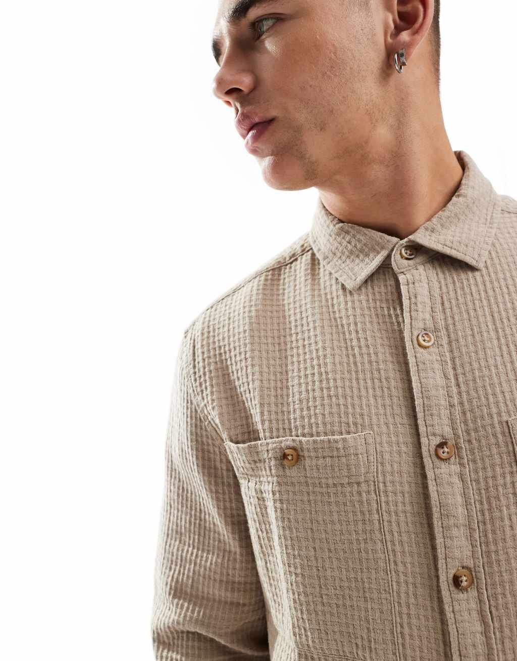 ASOS DESIGN overshirt in waffle in stone Product Image