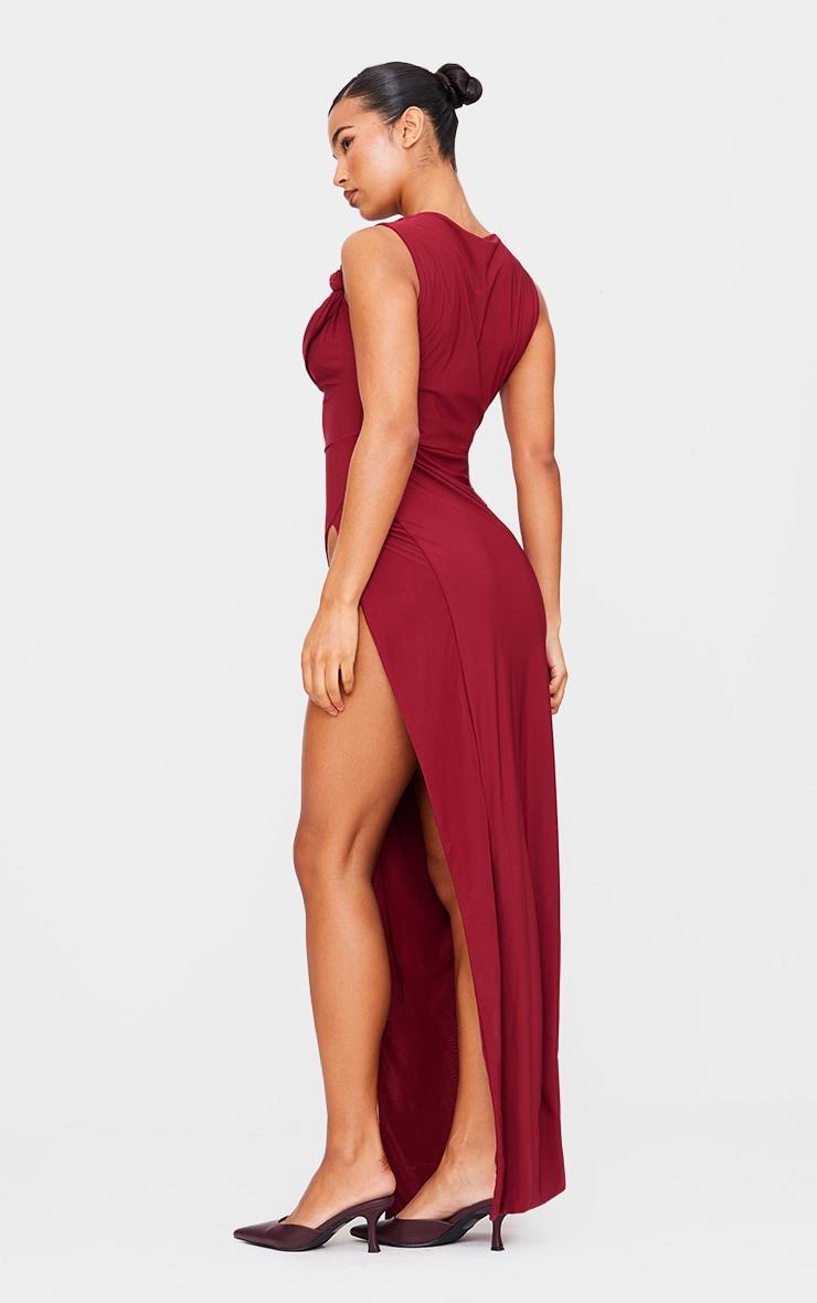 Burgundy Double Layer Draped Knotted Split Maxi Dress Product Image