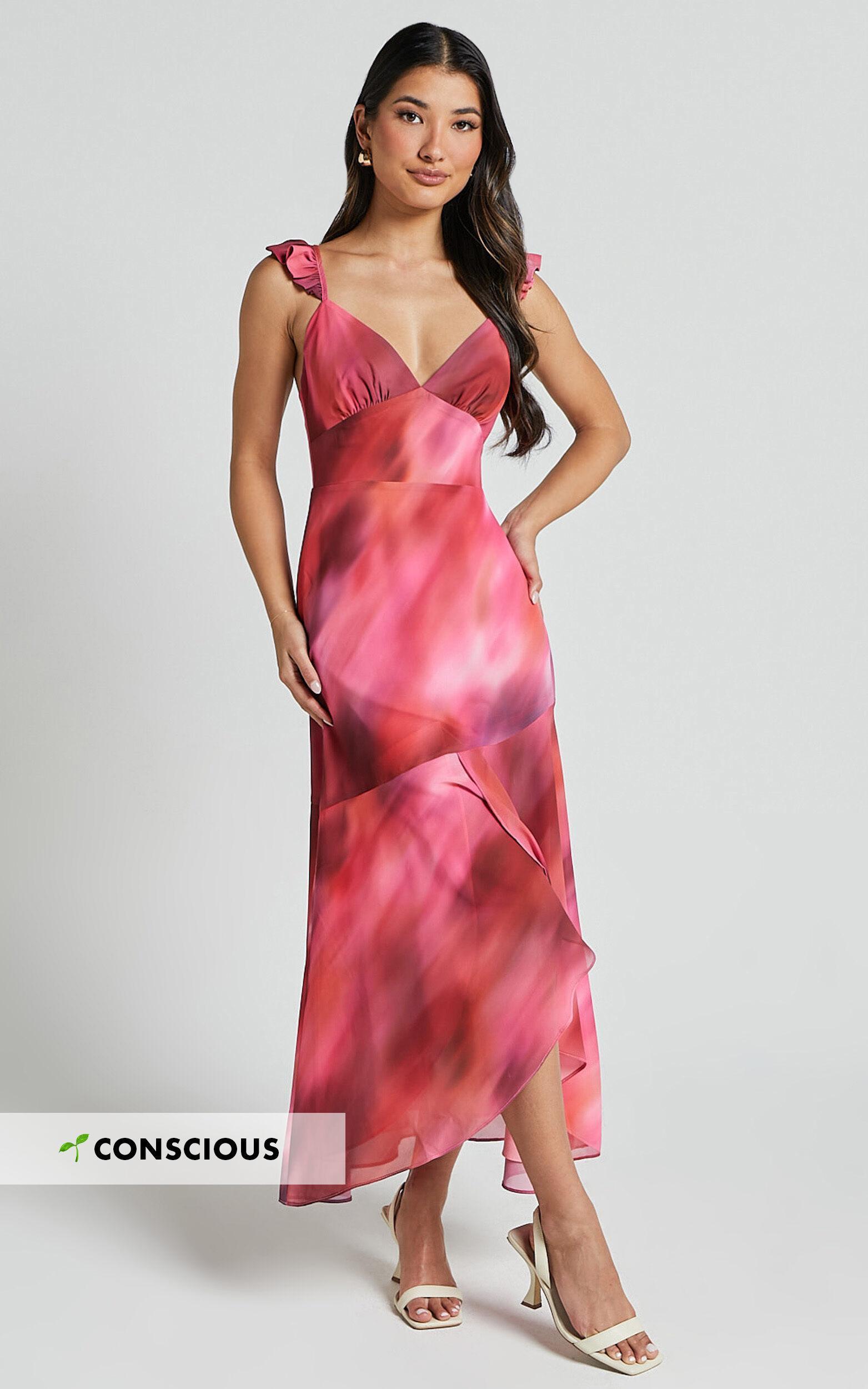 Gillian Midi Dress - Flutter Sleeve Low Back Ruffle Detail Dress in Blushing Haze product image