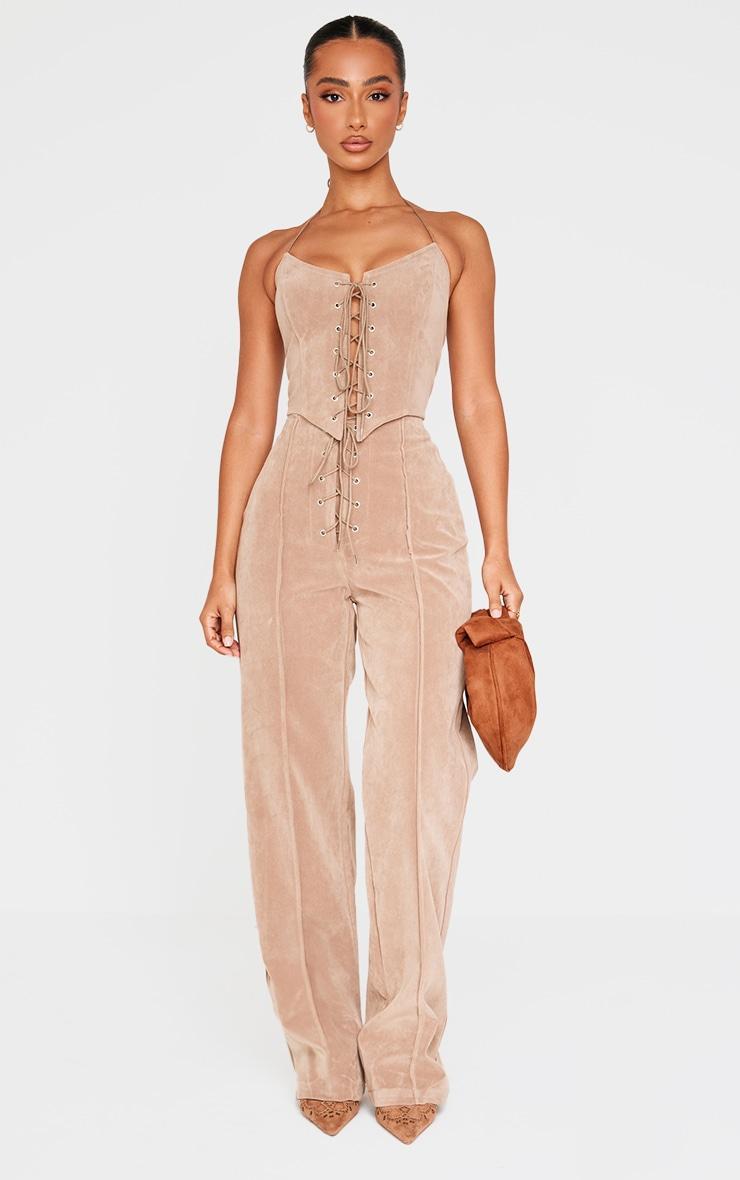 Petite Taupe Suede Lace Up Wide Leg Pants Product Image