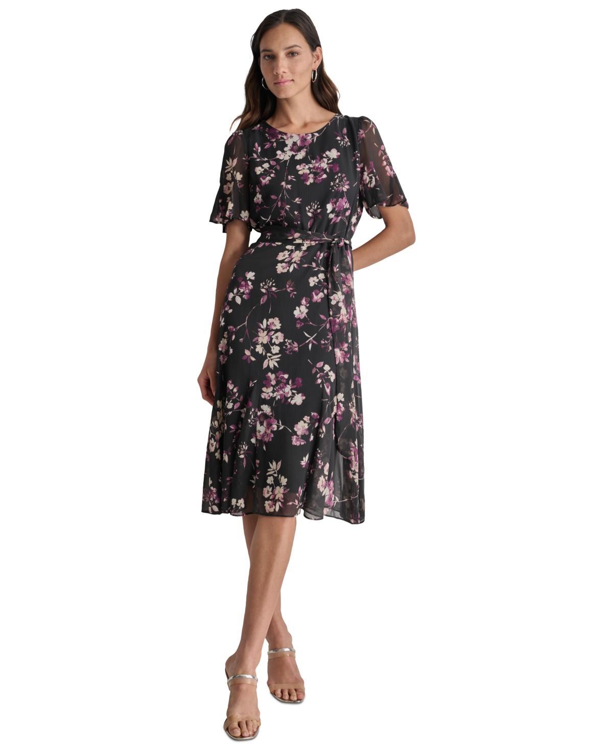 Dkny Womens Floral Flutter-Sleeve Belted Dress - Raisin product image