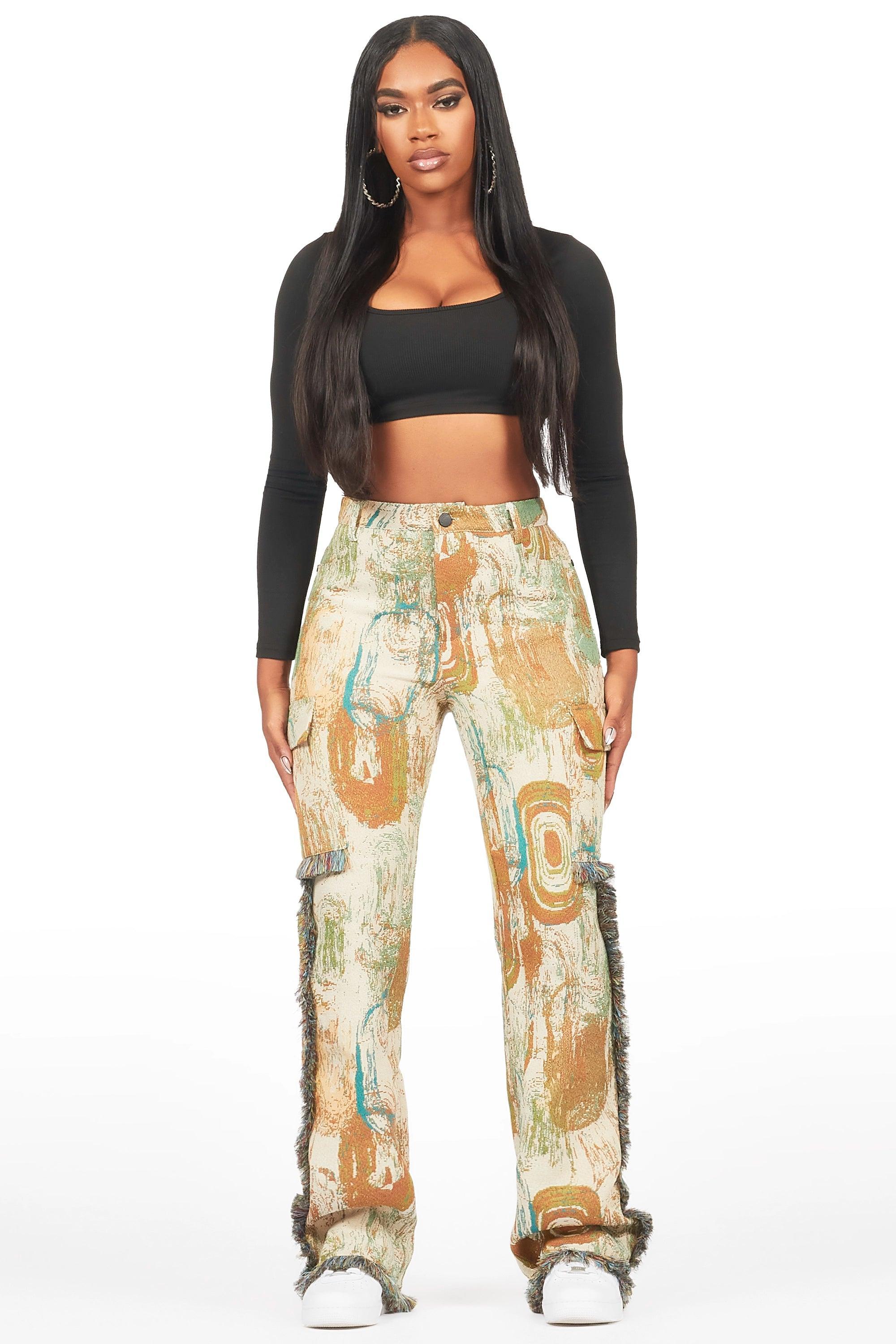 Ameera Beige Tapestry Stacked Pant Female Product Image