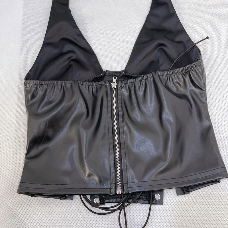 Halter Plain Lace-Up Faux Leather Corset Top Product Image