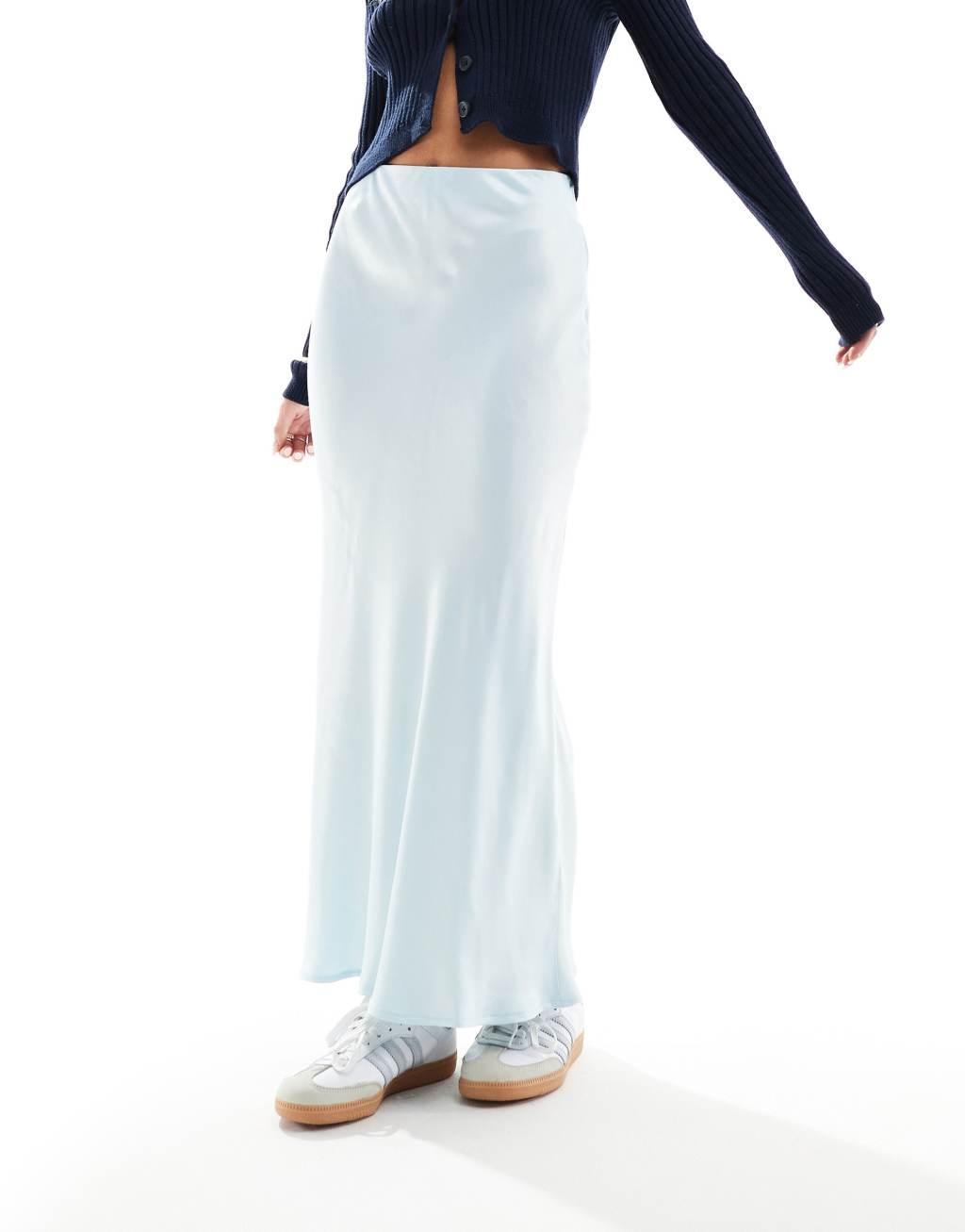 Stradivarius Petite satin maxi skirt in blue Product Image