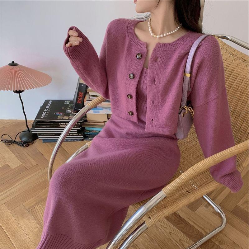 Set: Spaghetti Strap Plain Ribbed Knit Midi Dress + Round Neck Crop Cardigan Product Image