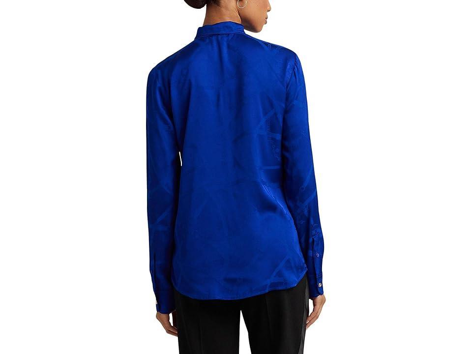 Lauren Ralph Lauren Belting-Motif Jacquard Tie-Neck Shirt (Sapphire Star) Women's Clothing Product Image