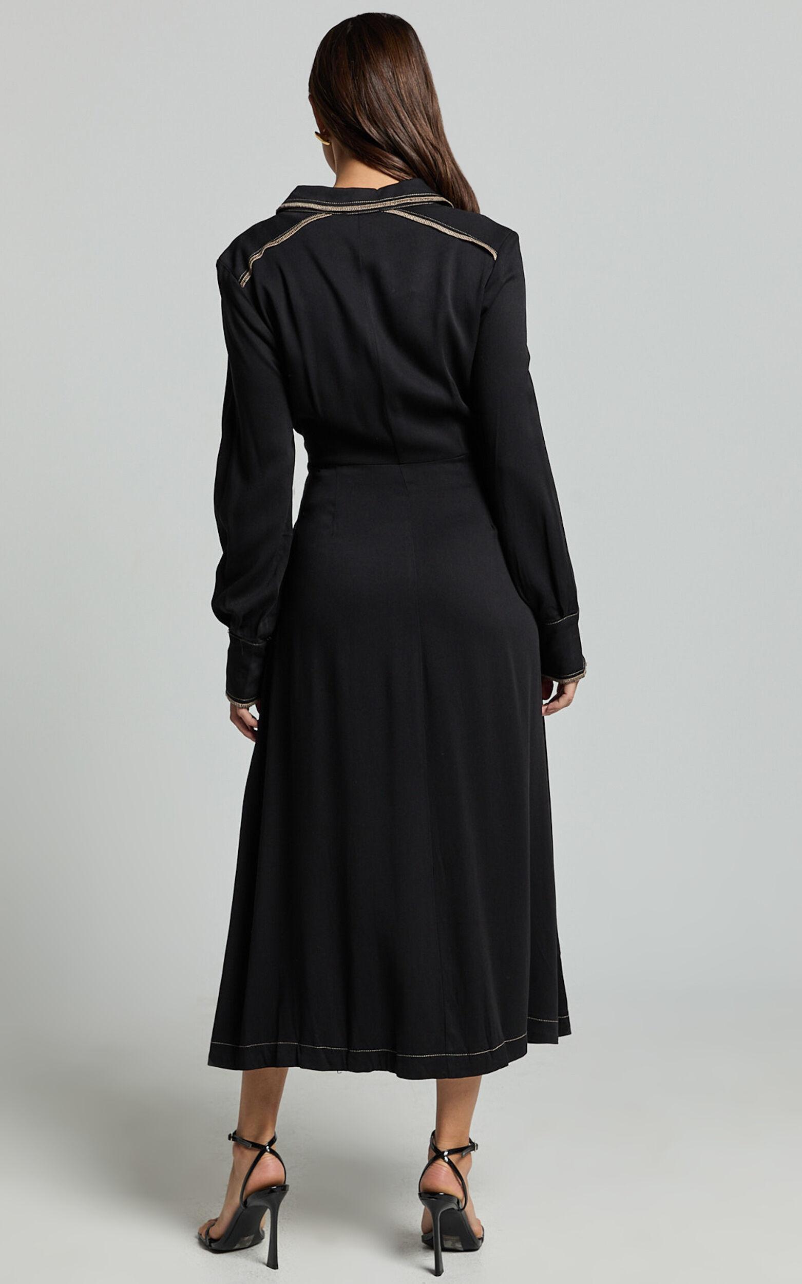 Ally Midi Dress - Collared Button Through Long Sleeve Tie Dress in Black Product Image