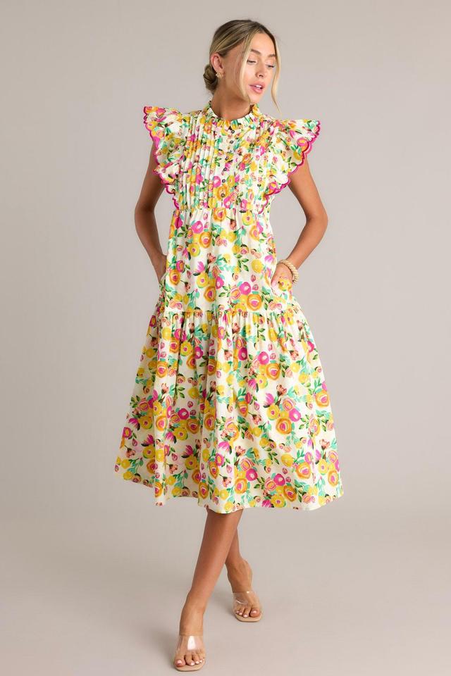 Blossoming Love 100% Cotton Yellow Floral Midi Dress Product Image