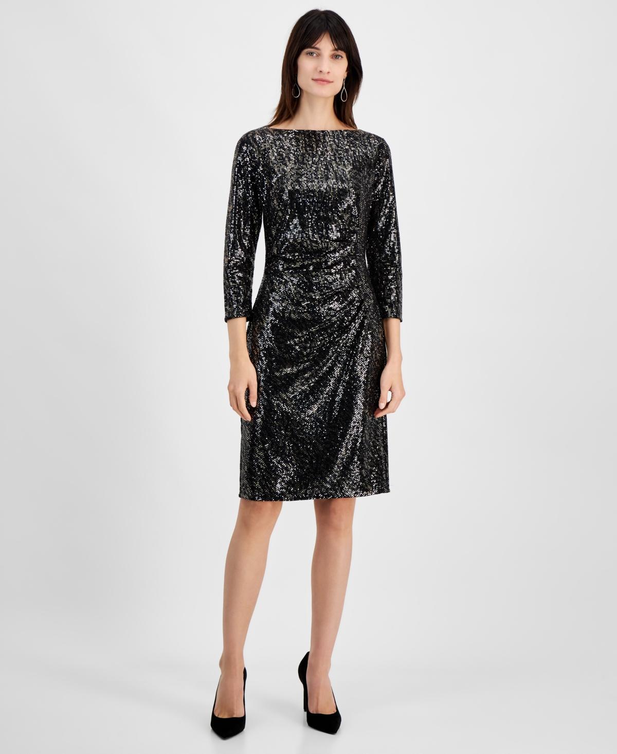 Kasper Womens 3/4-Sleeve Shimmer-Dot Sheath Dress - Black Product Image