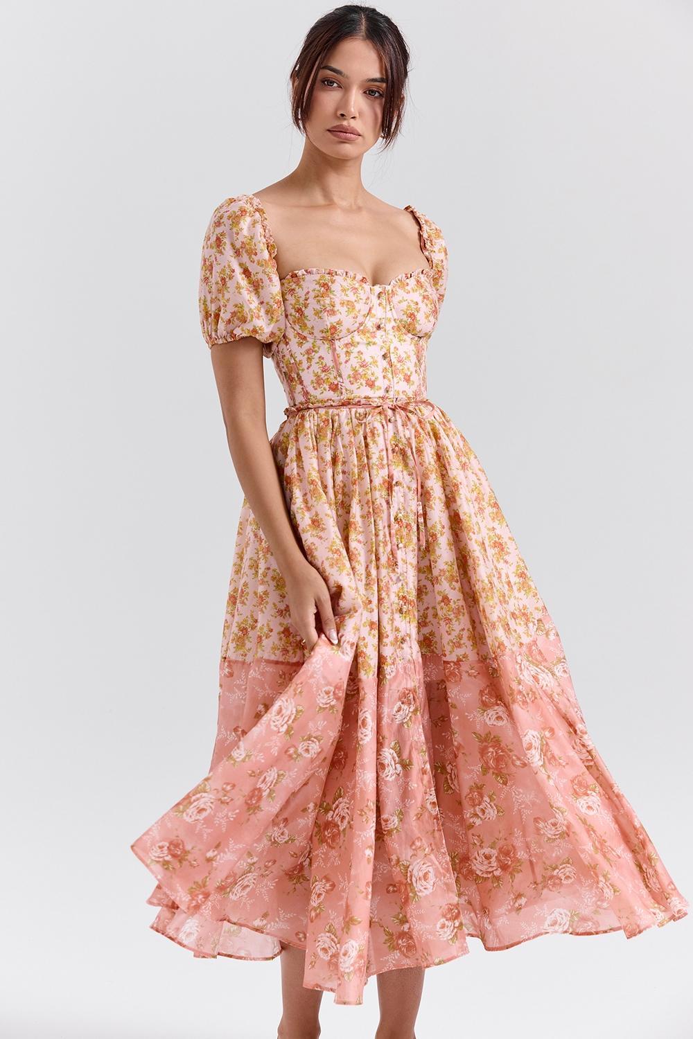 Penelope Peach Poppy Print Puff Sleeve Midi Sundress Product Image