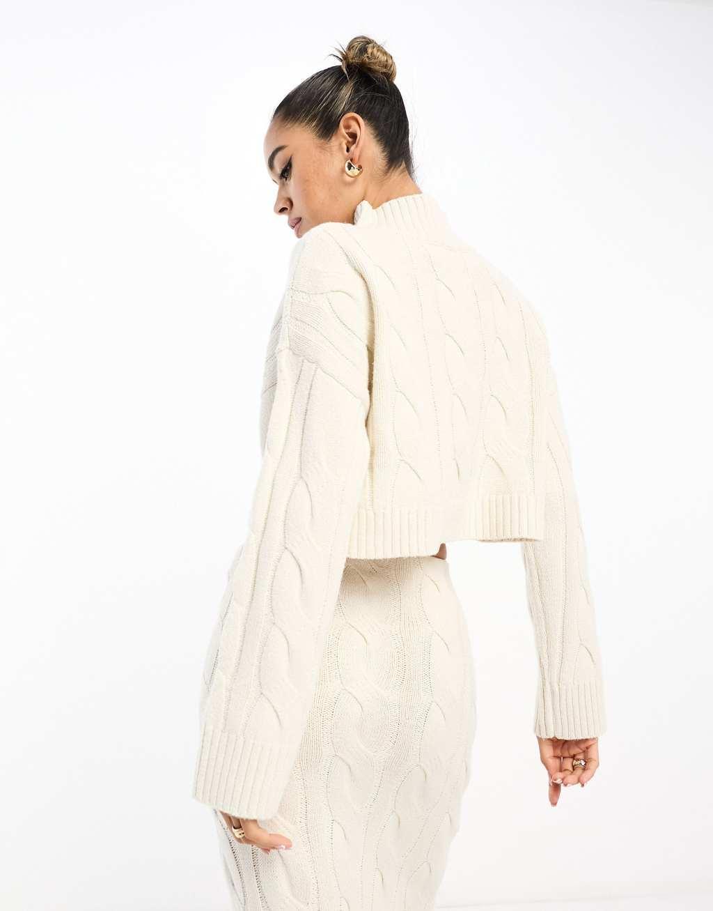 Pretty Lavish cable knit cropped sweater in cream - part of a set Product Image