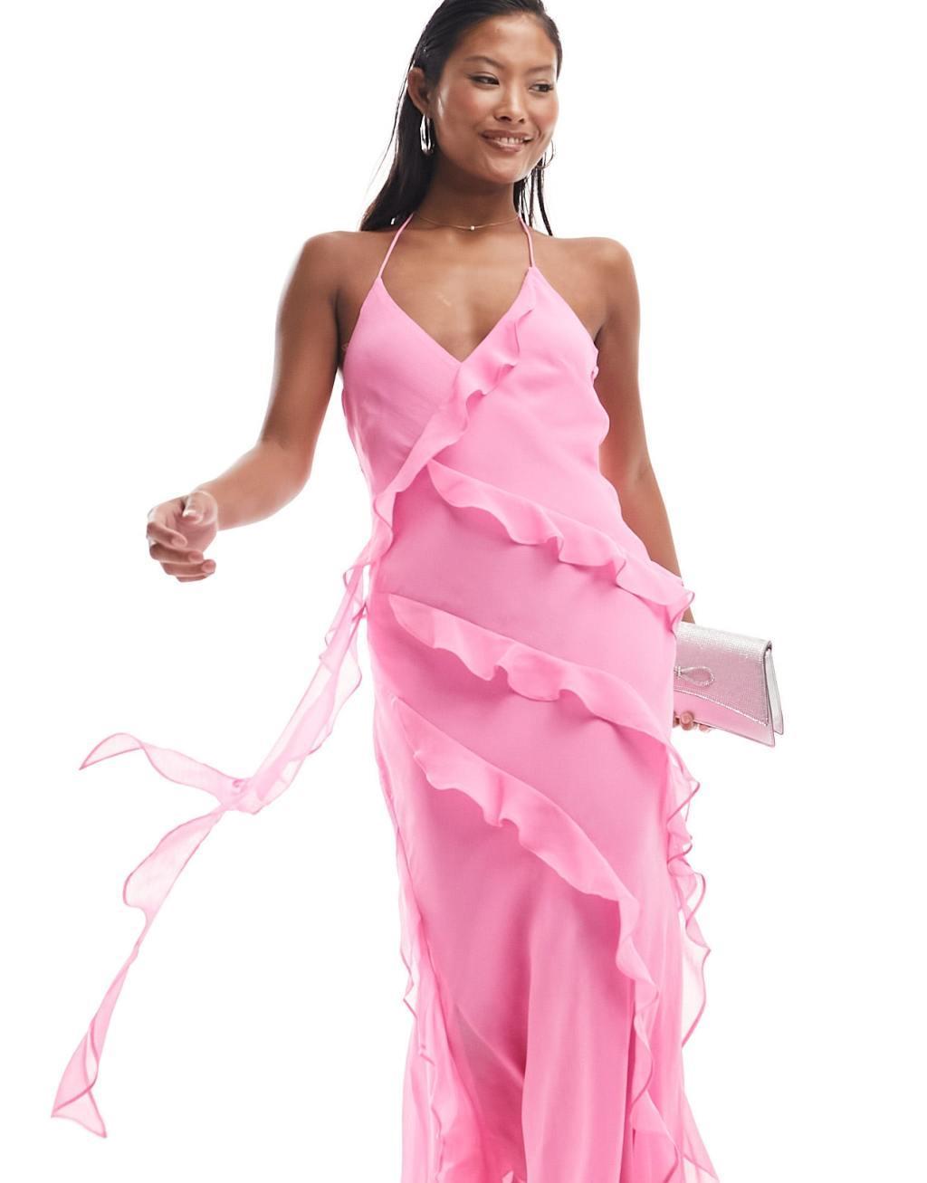 Ever New Petite ruffle halterneck maxi dress in pink Product Image